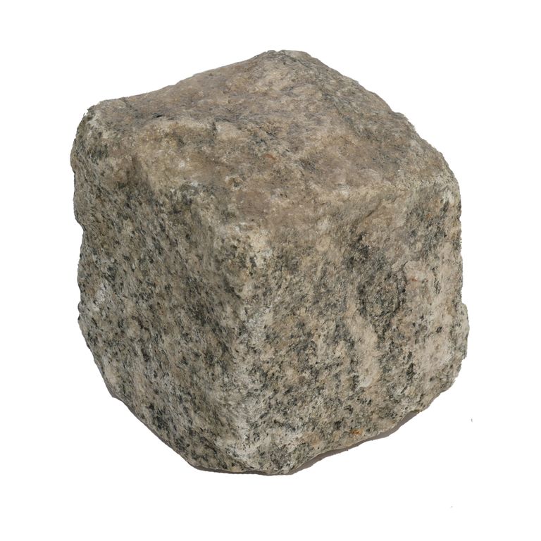 Oblique image for Gray Granite Cobblestone - Squares. The surface finish shown is . The dominant color shown is gray. The color mix creates a cool feeling.