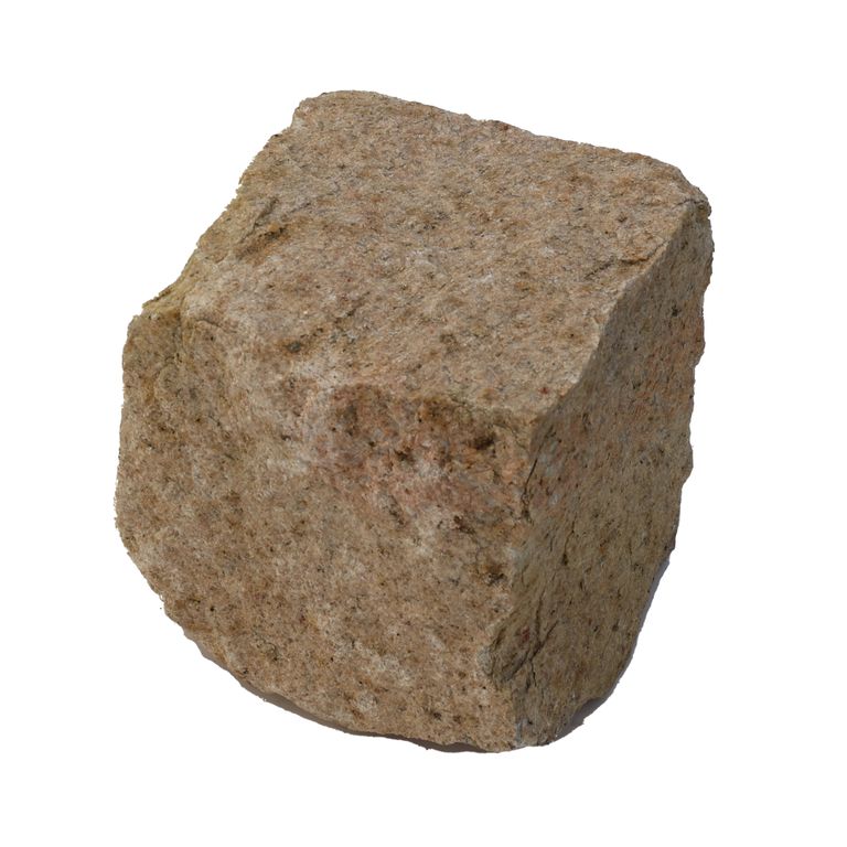 Oblique image for Yellow Granite Cobblestone - Squares. The surface finish shown is . Dominant colors shown are brown, yellow and tan. The color mix creates a warm feeling.
