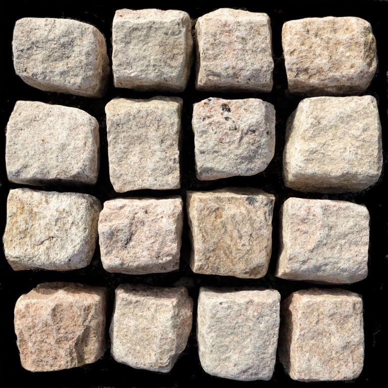 Feature image for Yellow Granite Cobblestone - Squares. The surface finish shown is . Dominant colors shown are beige, yellow and tan; with black, gray, orange/rust, white and cream secondaries. Exhibits 