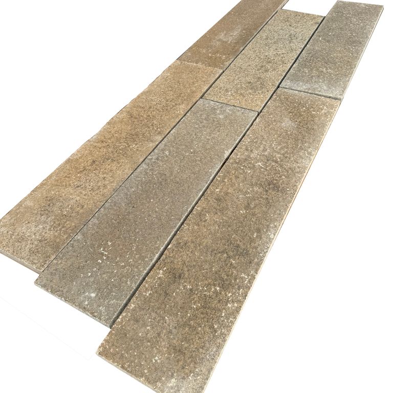 Oblique image for Granite - Reclaimed Footworn - Interior Plank Paver. Dominant colors shown are gray and tan; with beige, pink, purple, white, tan and cream secondaries. Exhibits 