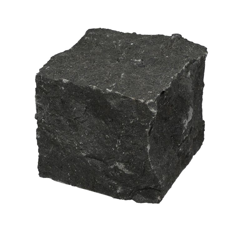 Oblique image for Nordic Black Basalt Cobblestones - Cubes - Split Top, Split Sides. The surface finish shown is split-face. The dominant color shown is black.