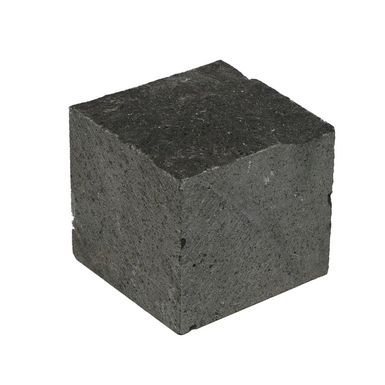 Oblique image for Nordic Black Basalt Cobblestones - Cubes - Split Top, Sawn Sides. The surface finish shown is split-face. The dominant color shown is black. The color mix creates a cool feeling.