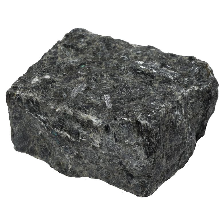 Oblique image for Labradorite Blue Seven Oceans - Natural Cobblestones. The surface finish shown is split-face. Dominant colors shown are black and gray. The color mix creates a cool feeling.