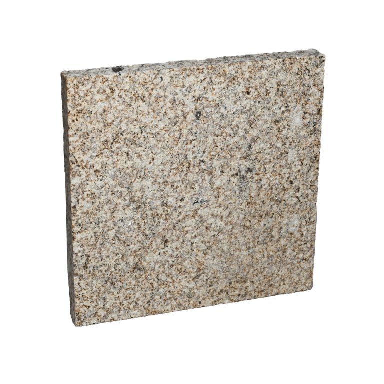 Oblique image for Yellow Oat Granite - Flamed Pavers. The surface finish shown is flamed. Dominant colors shown are beige, yellow and tan. The color mix creates a warm feeling.