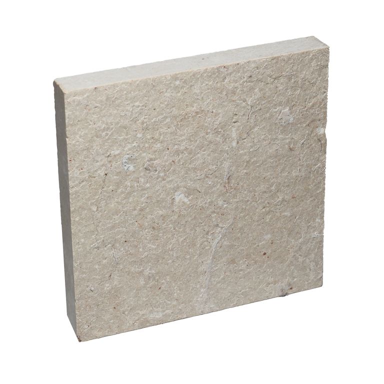 Oblique image for Moon Beige Limestone - Flamed Pavers. The surface finish shown is flamed. Dominant colors shown are beige, tan and cream. The color mix creates a warm feeling.