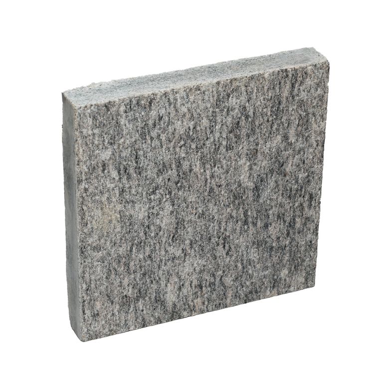 Oblique image for Brazilian Lucerna Gneiss - Flamed Pavers. The surface finish shown is flamed. The dominant color shown is gray. The color mix creates a cool feeling.