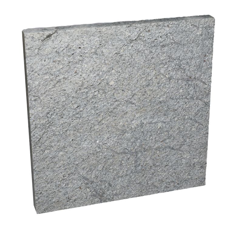 Oblique image for Westlake Veneer - Chelmsford Gray Granite. The surface finish shown is flamed. Dominant colors shown are gray and white. The color mix creates a cool feeling.