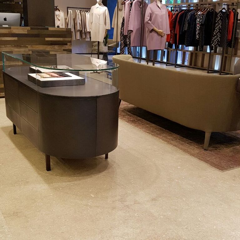 Application image for Veneto Olivo Limestone - Interior Flooring. The image shows this product being used in an interior floor application. The surface finish shown is . Dominant colors shown are beige and tan. The color mix creates a warm feeling.