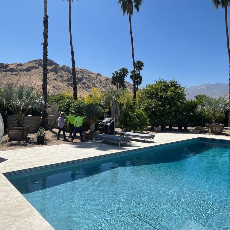 Application image for Veneto Olivo Limestone - Pool Coping. The image shows this product being used for pool coping and pool deck pavers. The surface finish shown is sand blasted. The dominant color shown is gray. The color mix creates a warm feeling.